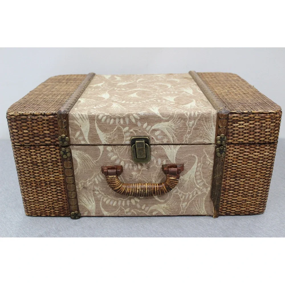Brown Woven Wicker Storage Trunk Fabric Damask Vintage Style Home Decor Case